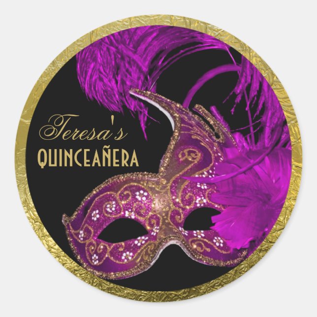 Masquerade quinceañera fifteenth birthday purple classic round sticker (Front)