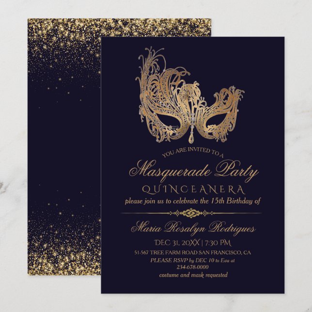  Masquerade Quinceanera Gold & Blue Invitation (Front/Back)