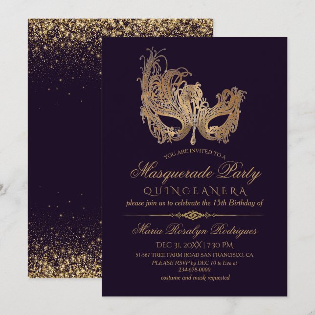  Masquerade Quinceanera Gold & Purple Invitation (Front/Back)