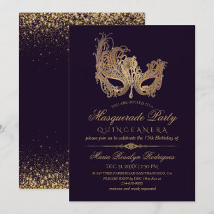  Masquerade Quinceanera Gold & Purple Invitation