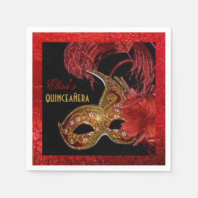Masquerade Quinceañera party gold, red foil Napkin (Front)