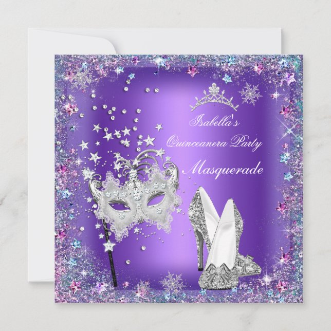 Masquerade Quinceanera Party Mask Purple Tiara Invitation (Front)