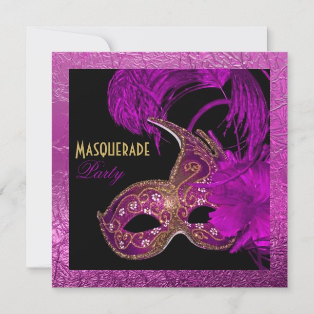 Masquerade quinceañera party purple gold foil invitation (Front)