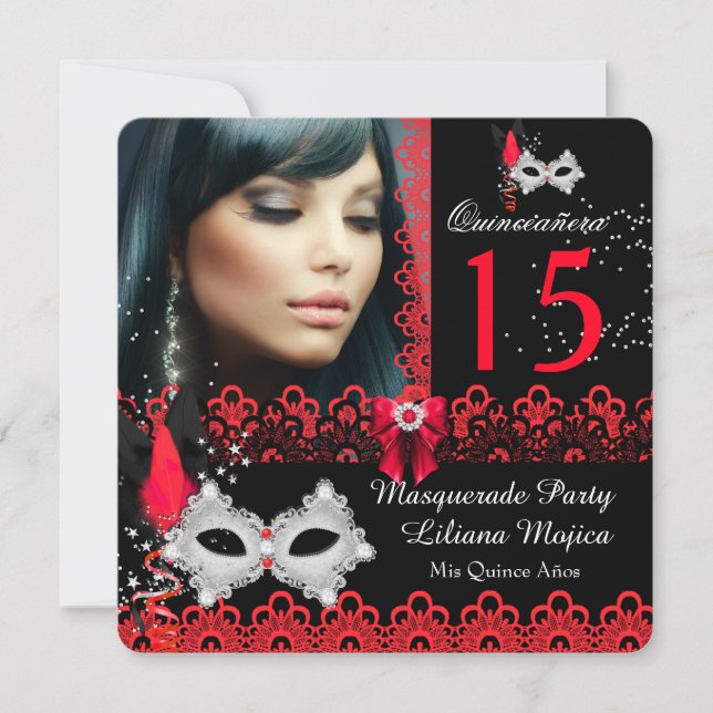 Masquerade Quinceanera Party Red Lace Invitation (Front)