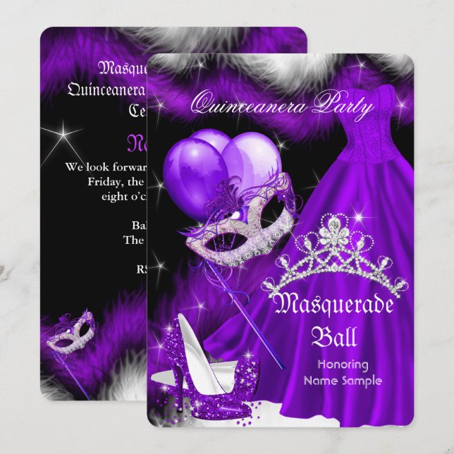 Masquerade Quinceanera Purple Black Feather 2a Invitation (Front/Back)