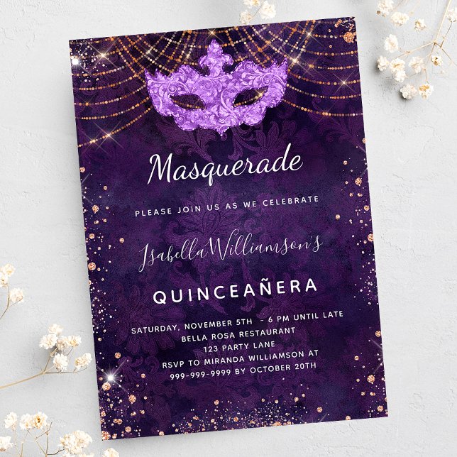 Masquerade Quinceanera purple gold party Invitation (Creator Uploaded)
