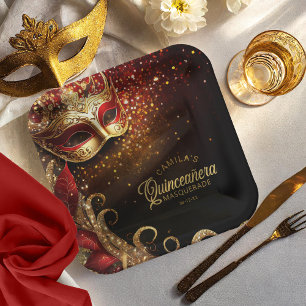 Masquerade Quinceanera Red Gold ID1031 Paper Plate