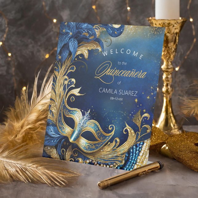 Masquerade Quinceañera Welcome Blue Gold ID1031 Pedestal Sign (Creator Uploaded)