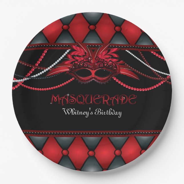 Masquerade, Red & Black Party 9 Inch Paper Plate (Front)