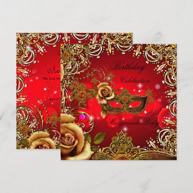Masquerade Red Gold Mask Birthday Party Invitation (Front/Back)
