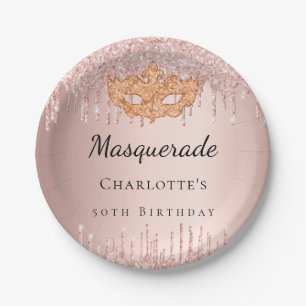 Masquerade rose gold drips birthday party paper plate