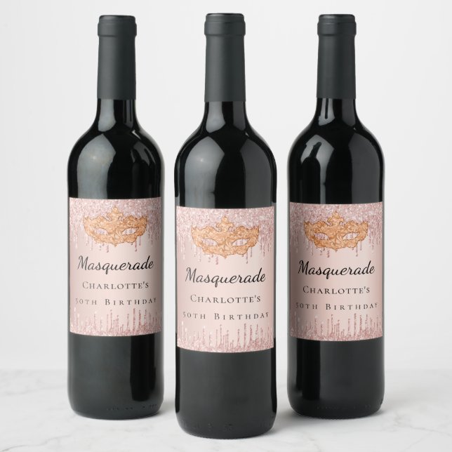 Masquerade rose gold glitter drips birthday party wine label (Bottles)