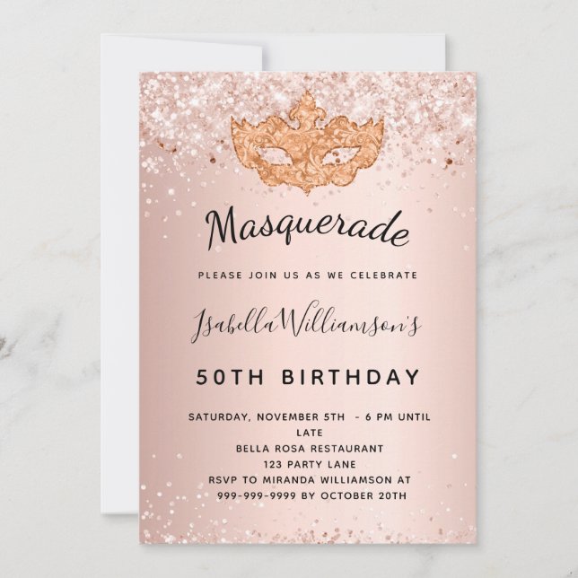 Masquerade rose gold glitter dust birthday invitation (Front)