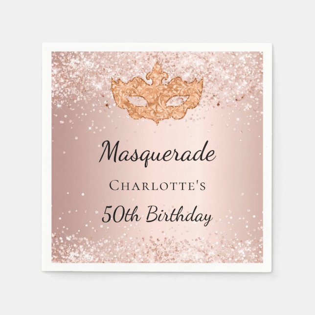 Masquerade rose gold glitter dust birthday party napkin (Front)