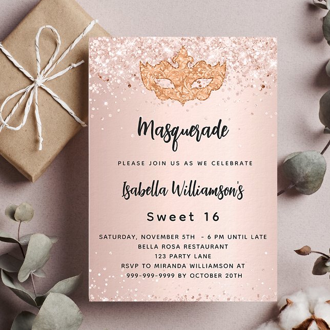 Masquerade rose gold glitter Sweet 16 party Invitation Postcard (Creator Uploaded)
