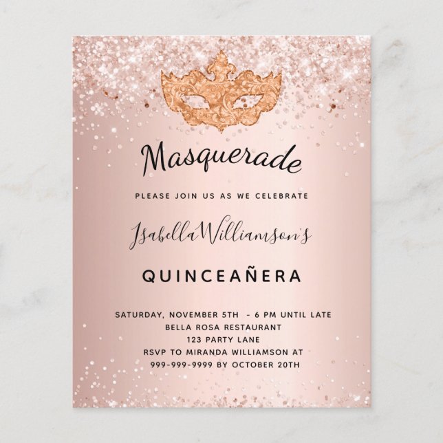 Masquerade rose gold Quinceanera invitation (Front)