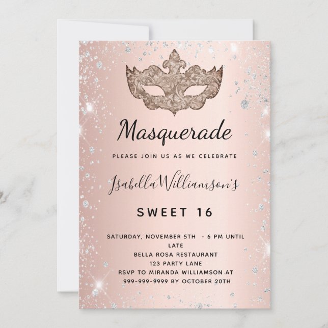Masquerade rose gold silver glitter dust Sweet 16 Invitation (Front)