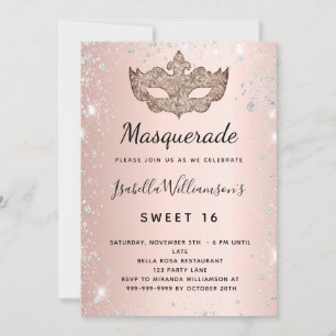 Masquerade rose gold silver glitter dust Sweet 16 Invitation