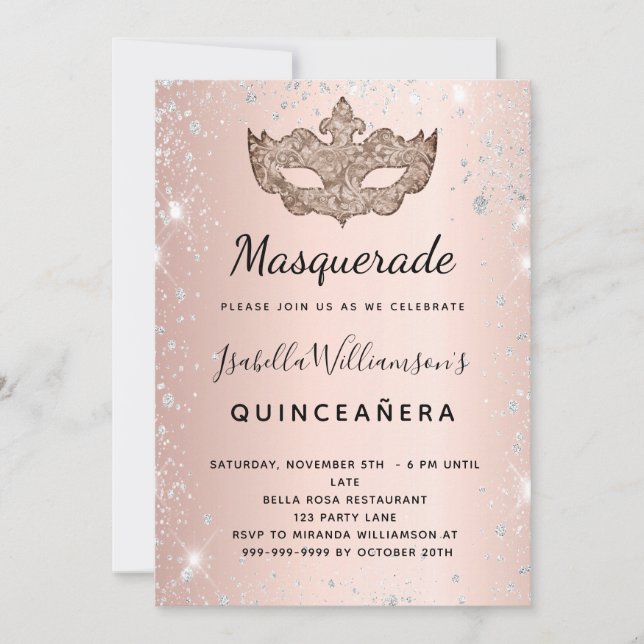 Masquerade rose gold silver glitter Quinceanera Invitation (Front)