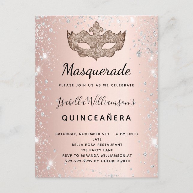 Masquerade rose gold silver glitter Quinceanera Invitation Postcard (Front)