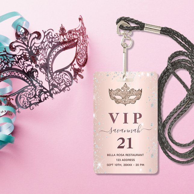 Masquerade rose gold silver glitter vip invitation ID badge (Creator Uploaded)