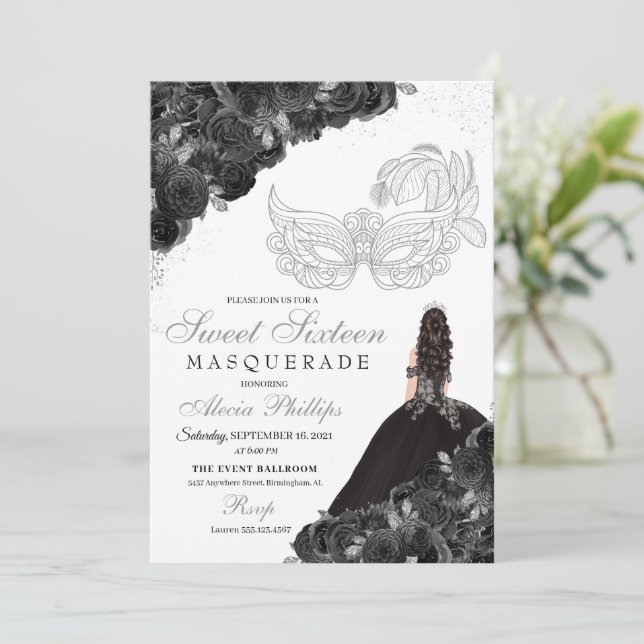 Masquerade Silver Black Princess Dress Birthday Invitation (Standing Front)