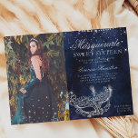 Masquerade silver glitter Sweet 16 photo Invitation<br><div class="desc">Invite your friends and family to your sweet 16 birthday masquerade theme with this modern,  chic and glamourous Sweet sixteen with a hand drawn silver glitter masquerade mask with silver glitter diamond sparkles on a dark navy blue watercolor background. Add your photo.</div>