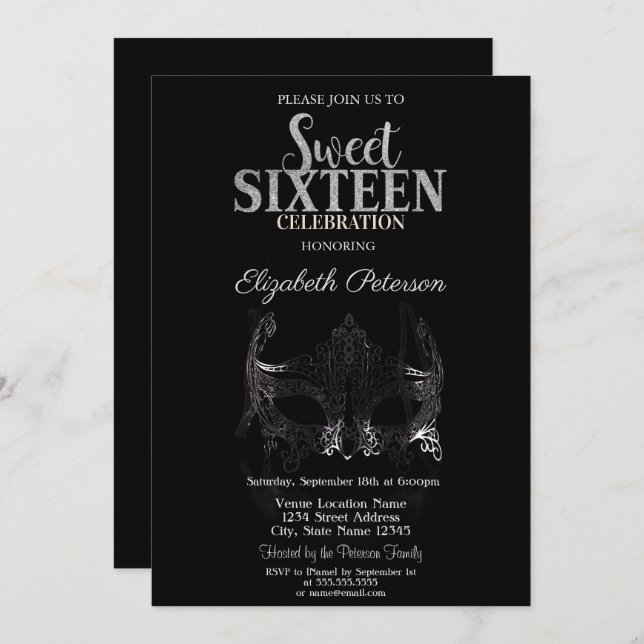 Masquerade,Silver Masque Sweet 16 Invitation (Front/Back)
