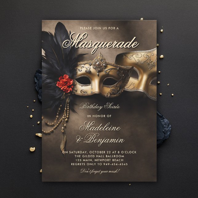 Masquerade Soiree Venetian Masks Duo 50th Birthday Invitation (masquerade invitation couple soiree venetian masks duo birthday party moody black brown gold elegant)
