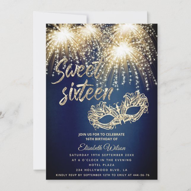  Masquerade sparkling firework luxury Sweet 16 Invitation (Front)