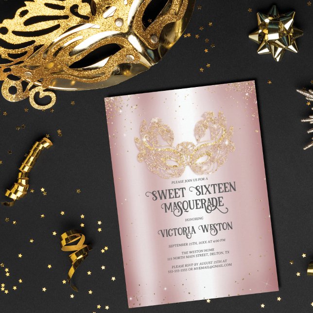 Masquerade Sparkly Gold Glitter Pink Sweet 16 Invitation (Creator Uploaded)