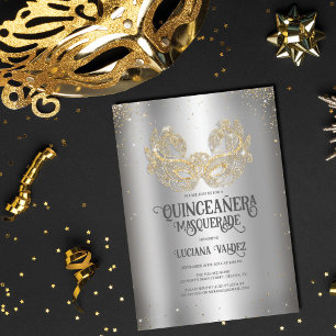Masquerade Sparkly Gold Glitter Silver Quinceañera Invitation