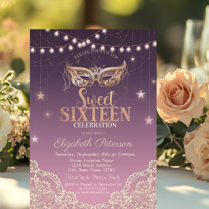 Masquerade,String Lights,Lace Sweet 16 Invitation