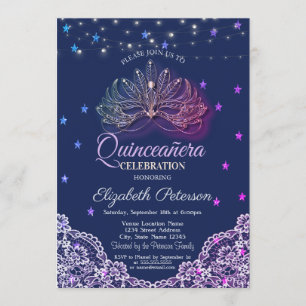 Masquerade,String Lights,Stars,Lace Quinceañera Invitation