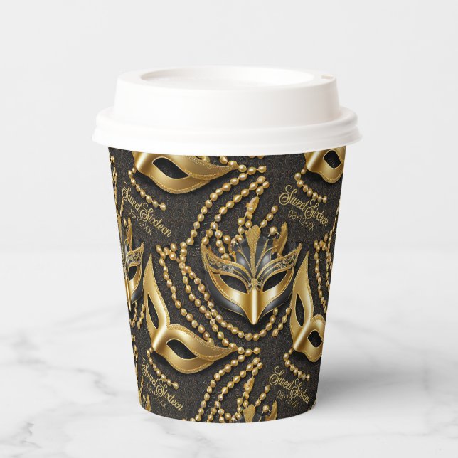 Masquerade Sweet 16 Beads Masks Black ID1032 Paper Cups (Front)