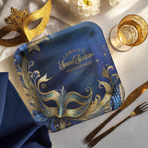Masquerade Sweet 16 Blue Gold ID1032 Paper Plate
