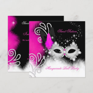 Masquerade Sweet 16 Hot Pink Black Feather Mask 2b Invitation