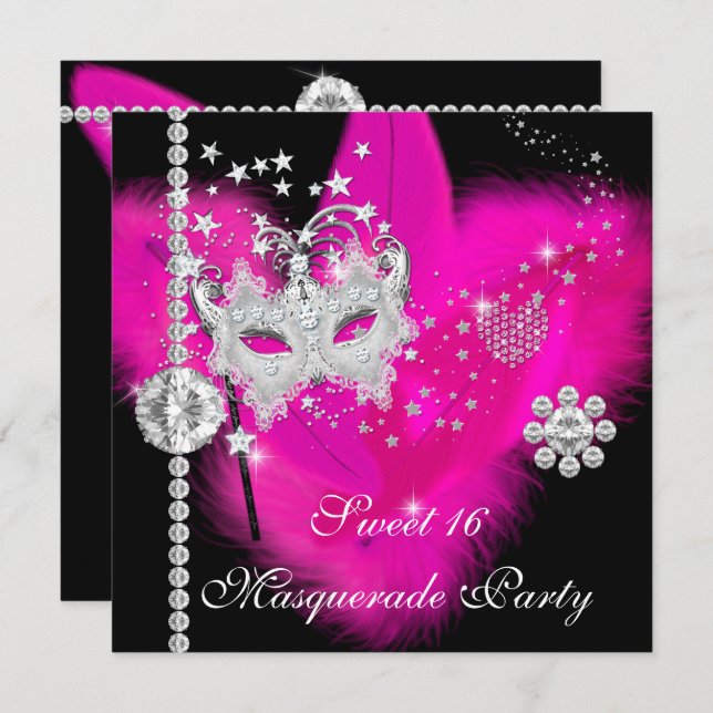 Masquerade Sweet 16 Hot Pink Black Feather Mask Invitation (Front/Back)