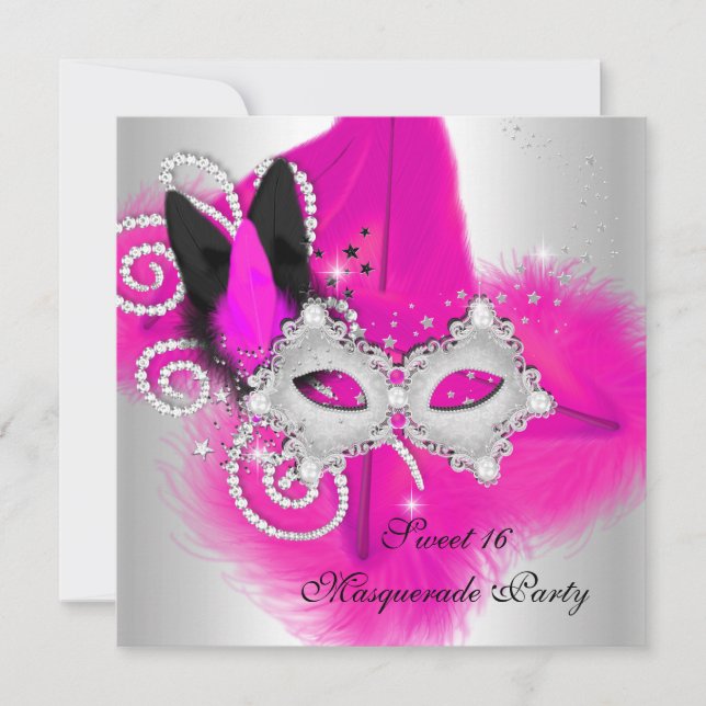 Masquerade Sweet 16 Hot Pink Black Feather Mask Invitation (Front)