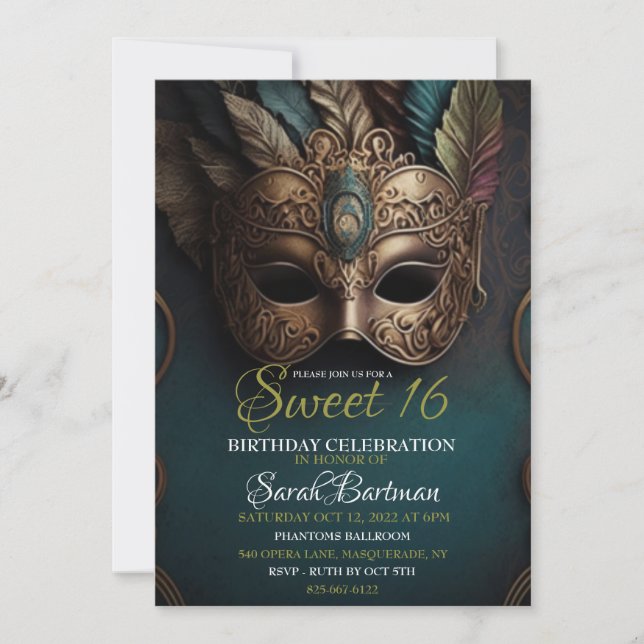 Masquerade sweet 16 invitation (Front)