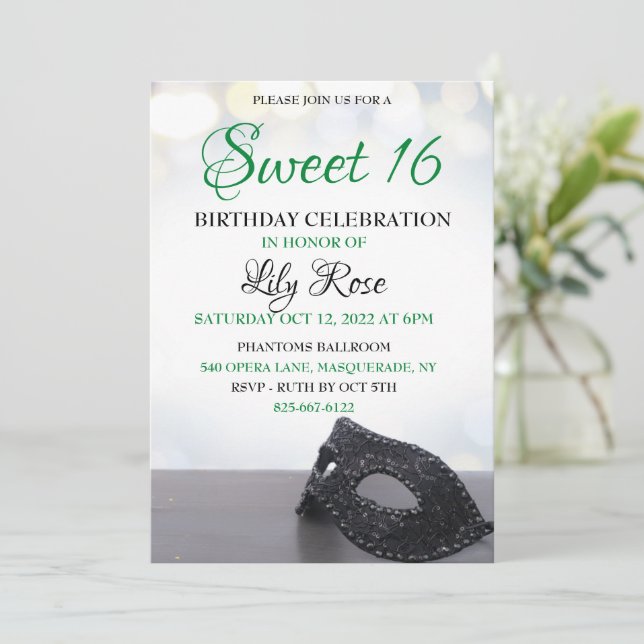 Masquerade sweet 16 invitation (Standing Front)