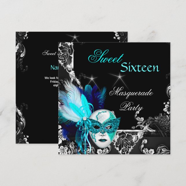 Masquerade Sweet 16 Mask Teal Blue Black Party Invitation (Front/Back)