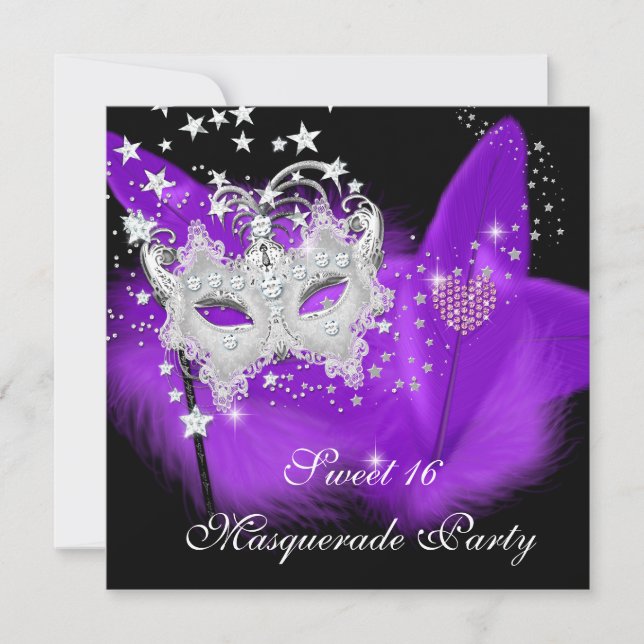 Masquerade Sweet 16 Purple Black Feather Mask Invitation (Front)