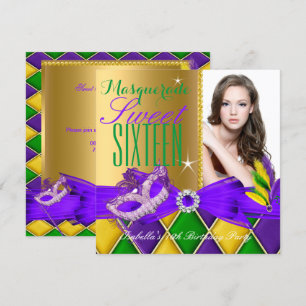 Masquerade Sweet 16 Purple Green Gold Invitation