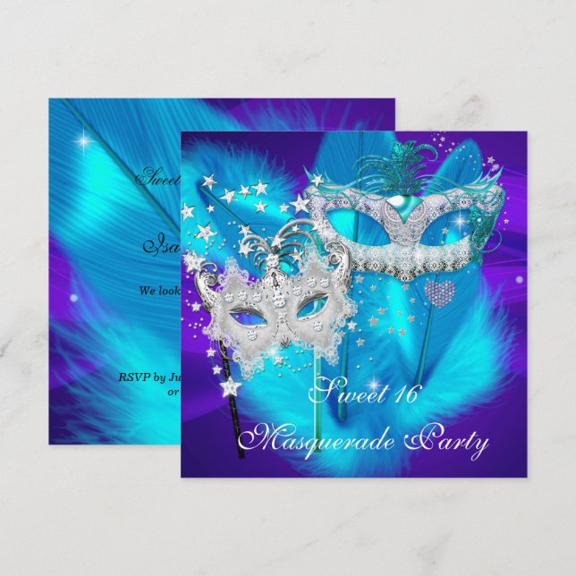 Masquerade Sweet 16 Purple Teal Blue Mask Invitation (Front/Back)