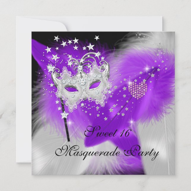 Masquerade Sweet 16 Purple White Feather Mask Invitation (Front)