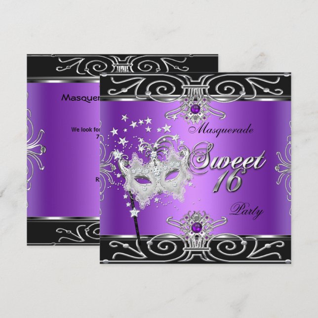 Masquerade Sweet 16 Sixteen Birthday Purple Black Invitation (Front/Back)