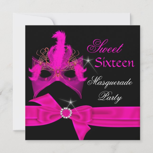 Masquerade Sweet 16 Sixteen Hot Pink Mask Party Invitation (Front)