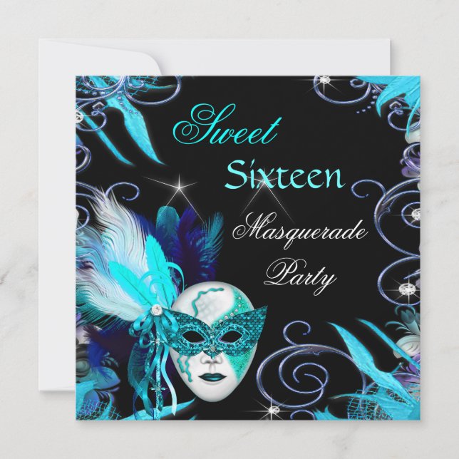 Masquerade Sweet 16 Sixteen Teal Blue Mask Party Invitation (Front)