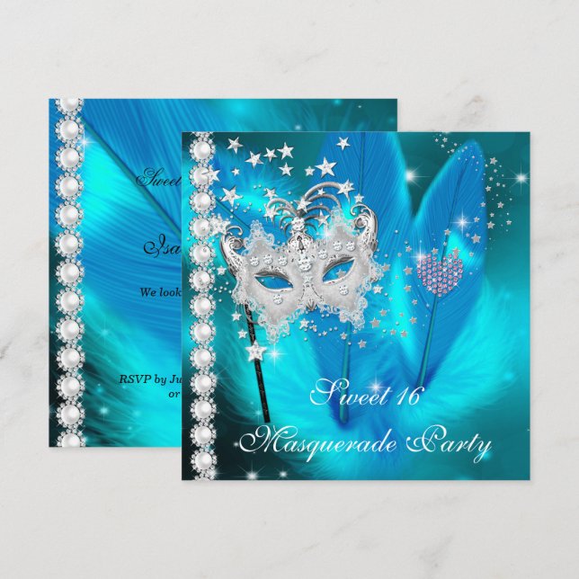 Masquerade Sweet 16 Teal Black Feather Mask 2 Invitation (Front/Back)